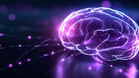 Glowing purple brain visualization with particle effects and neural connections on dark background, representing artificial intelligence and cognitive science.