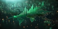 Green glowing financial chart rising above digital world map with bokeh effect and network connections, representing global market growth and economic data.