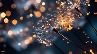 Delicate dandelion seeds illuminated by warm glowing bokeh lights against dark blue background creates magical atmosphere for nature and fantasy designs.