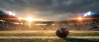 American football on field at stadium during sunset with dramatic lighting and packed stands creating atmospheric sports scene for game day promotions.
