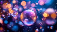Magical soap bubbles floating in dark space with colorful bokeh lights creating dreamy atmosphere. Purple and orange glowing orbs against blue background.
