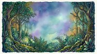 Enchanted forest landscape with lush vegetation framing a mystical sky filled with aurora borealis and starlight, suitable for fantasy artwork and imaginative designs.