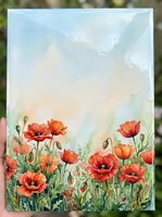 Watercolor poppy field painting with red blooms and green stems against a soft pastel sky, copy space for text, greeting card or print.