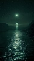 Glowing ethereal figure hovering above moonlit water surface at night, with starry sky and mountains creating mysterious supernatural atmosphere.
