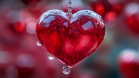 Red glass heart ornament hanging with water droplets against blurred festive background for romantic holiday decorations and Valentine celebrations.