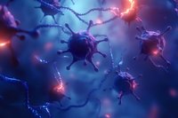 Microscopic view of virus particles with spiky surface proteins floating in blue plasma environment with glowing neural connections and electrical impulses.