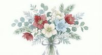 Watercolor winter bouquet with red and white flowers, eucalyptus leaves, pine branches and berries tied with ribbon on transparent background for holiday designs.