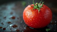 Fresh ripe tomato with water drops on dark background, macro shot showing detailed texture and natural moisture for food photography and advertising.