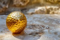 Golden golf ball with distinctive dimpled pattern on textured stone surface in warm sunlight, creating luxurious sports equipment composition with soft shadows.