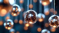 Shiny silver Christmas baubles hanging against dark background with warm bokeh lights creating magical holiday atmosphere. Festive decorative ornaments.