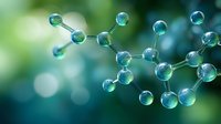 Molecular structure with glass spheres connected by glowing lines on blurred green and blue bokeh background for science and chemistry concepts.