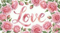 Watercolor pink roses framing the word Love in elegant script, soft floral arrangement on white background for Valentine cards.