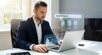 Professional businessman using laptop with holographic interface displaying semantic search technology and digital icons in modern office workspace.