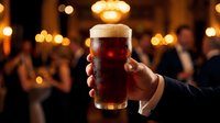 Dark beer in pint glass held at social gathering with warm golden lights and blurred crowd in background, suitable for beverage, hospitality, and lifestyle marketing.