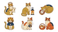 Cute ginger and white cats with holiday accessories isolated on white background, ready for clipart, t-shirt design, greeting cards and festive projects.