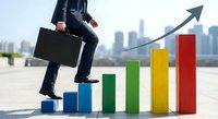 Professional businessman climbing colorful growth chart steps with briefcase against city skyline backdrop representing career advancement and success.