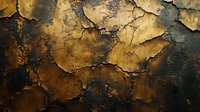 Dramatic dark textured wall surface with peeling paint and cracked plaster showing aged patina in brown and gold tones, creating abstract artistic background pattern.