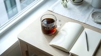 Cozy workspace with a glass cup of tea, open notebook, and pen on a wooden desk by a bright window.