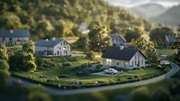 Scenic suburban neighborhood with modern houses along curved road in green hillside setting, soft focus tilt-shift effect creates miniature appearance. Peaceful residential landscape.