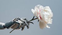 Robotic hand gently holding delicate white peony flower against soft blue background, symbolizing technology meeting nature in harmony.