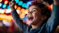 Joyful curly-haired child laughing with excitement against colorful bokeh lights at night festival or carnival.