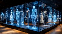 Futuristic holographic mannequins glowing in blue light displayed in glass cases create dramatic technological fashion exhibition atmosphere in dark museum space.