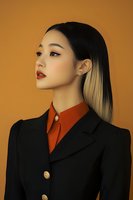 Young Asian woman with two-tone hair in black blazer and orange collar against warm orange background, profile portrait showcasing modern fashion style.