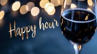 Red wine glass against blurred bokeh lights background with golden happy hour text. Festive restaurant or bar promotional atmosphere with soft focus lighting.