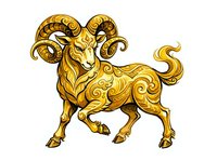 Golden ram with ornate decorative swirls and flourishes, isolated on white background. Suitable for logos, emblems, clipart, t-shirt designs, and ornamental graphics.