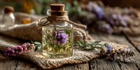 Small glass bottle with dried purple flower on rustic wooden surface surrounded by lavender sprigs and natural elements.