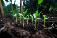 Young green seedlings sprouting from rich dark soil in garden, showing early plant growth stages with vibrant leaves emerging.