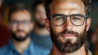 Smiling bearded businessman with glasses in modern office environment. Professional male executive portrait for corporate communications and marketing.