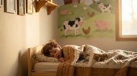 Young Caucasian boy sleeping peacefully in cozy bedroom with farm animal mural, warm sunlight streaming through window, childhood rest concept.