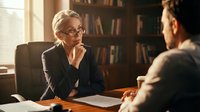 Mature woman with blonde hair and glasses, wearing professional business attire, conducting a serious meeting or interview with a man in an office library setting.