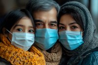 Asian family wearing protective face masks during pandemic, close-up portrait of father with two daughters in winter clothing showing unity and care.