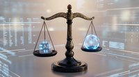 Bronze scales of justice with glowing AI symbols in digital courtroom environment representing artificial intelligence legal technology and ethics.
