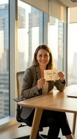 Professional businesswoman holding thank you card in modern office with city view expressing gratitude and appreciation for teamwork and success.