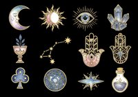 Mystical boho clipart set with moon, sun, evil eye, hamsa, crystals, stars, and potion bottle, isolated on transparent background for stickers, T-shirts, sublimation.