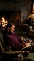 Woman reading book by fireplace in cozy living room with warm lighting and rustic stone wall creating peaceful evening atmosphere for relaxation and leisure.