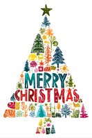 Colorful Christmas tree shape composed of festive elements and typography with "Merry Christmas" text, perfect for holiday greeting cards and seasonal designs.