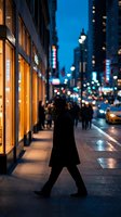 Woman in dark coat walking on urban street at dusk with illuminated storefronts and blurred city lights, suitable for lifestyle and metropolitan themes.