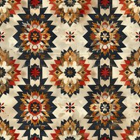 Geometric southwestern pattern with star burst motifs in earth tones of red, navy blue, and brown on beige background. Seamless repeat design for fabric and decor.