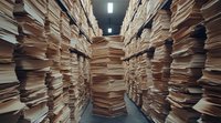 Towering stacks of old documents and papers create narrow pathways in storage room, symbolizing information overload and bureaucratic archives.