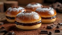 Sweet donuts filled with chocolate cream and dusted with cocoa powder on rustic wooden background with dark chocolate pieces, close up view of fresh pastry.