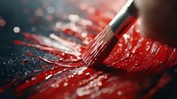 Artistic macro shot of paintbrush with vibrant red paint strokes on dark surface, creating dramatic light effects and bokeh background. Creative art concept.