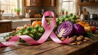 Pink ribbon with fresh organic vegetables on wooden kitchen counter promoting breast cancer awareness and healthy nutrition lifestyle.