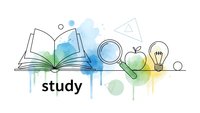 Educational study concept with open book, magnifying glass, apple and lightbulb on watercolor background for learning materials and academic design.