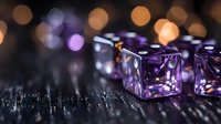 Purple translucent dice with white dots on dark textured surface, dramatic lighting with orange and purple bokeh background creates magical gaming atmosphere.