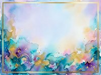 Watercolor abstract background with vibrant splashes of blue, pink, yellow, and purple flowing across white space, framed with gold border, suitable for invitations and design projects.