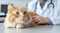 Ginger long-haired cat during veterinary examination with doctor in white coat and stethoscope in modern clinic, focus on feline patient face and paws.